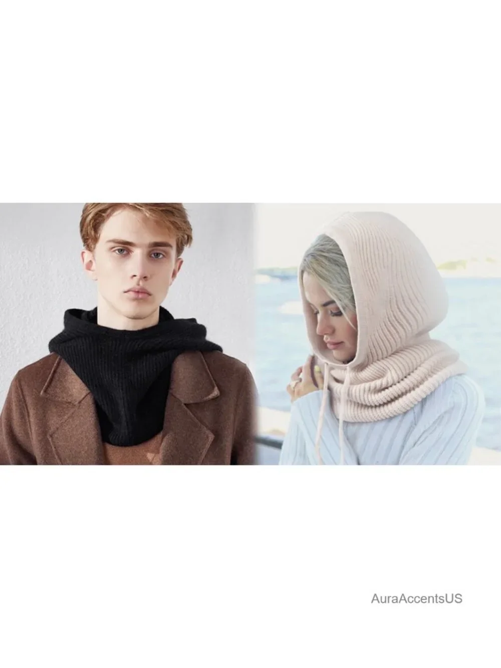 Knit Balaclava Winter Hat with Adjustable Drawstring Hooded Scarf for Women